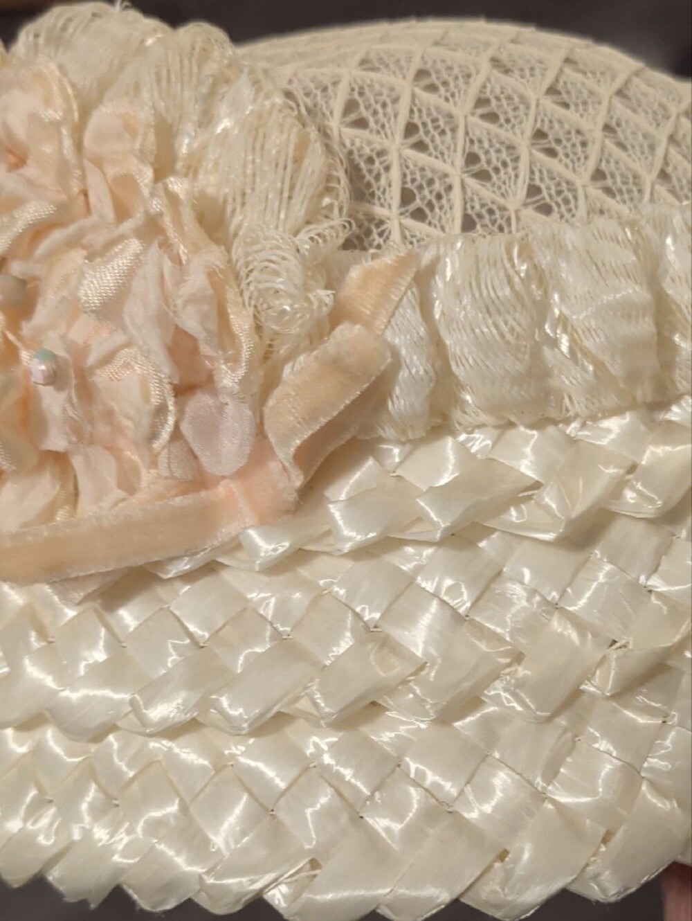 Vintage 60s Ivory Straw Cloche Hat Pink Floral Trim Mid Century Union Label - Picture 13 of 13